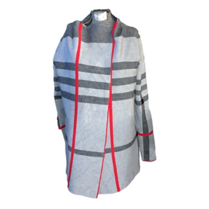Alison Sheri plaid grey, red and black shacket/shardigan cardigan sweater small